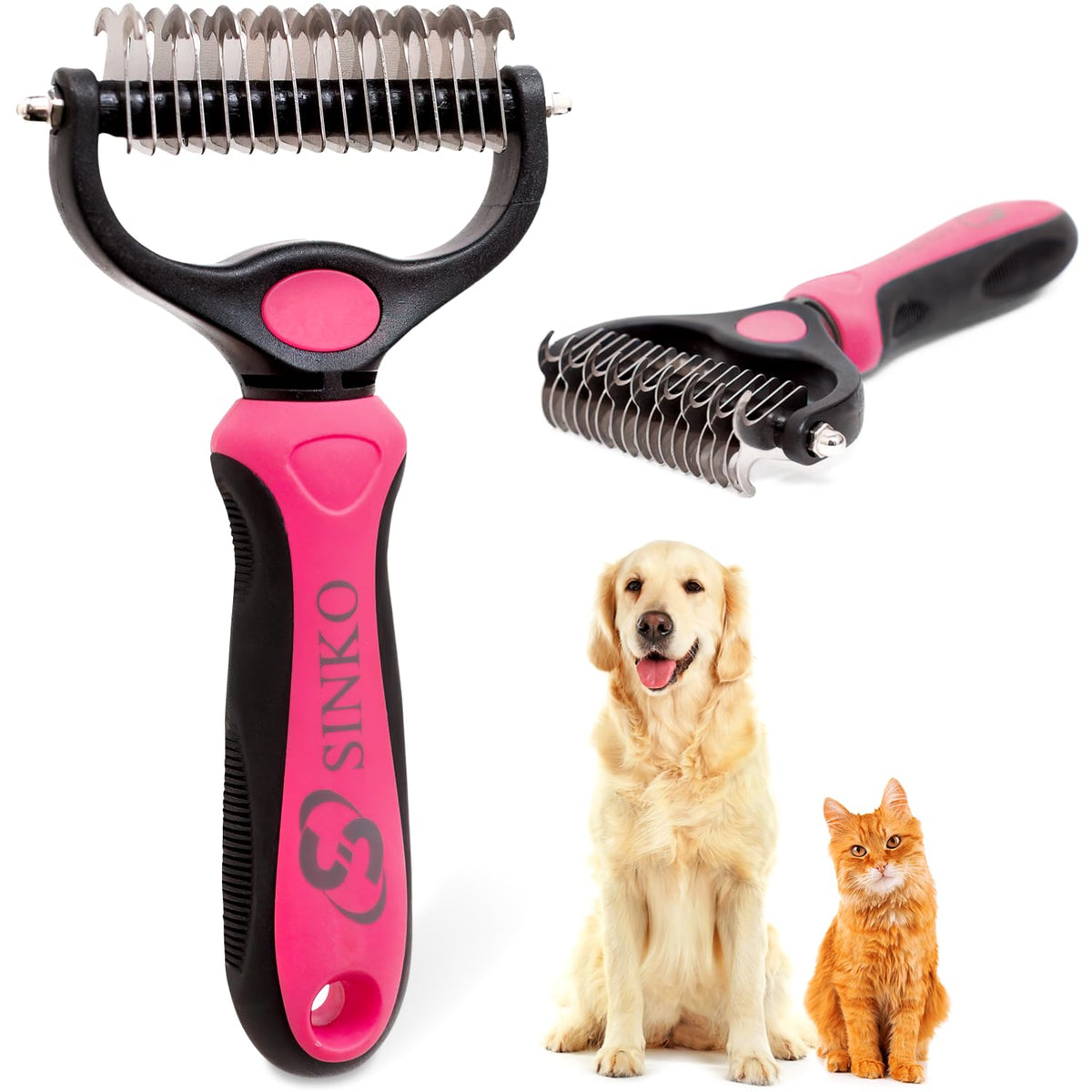 Sinko Shedding Brush For Dog and Cat, Undercoat Rake with Extra Wide Double-Sided Stainless Teeth for Detangling, Deshedding, Brushing & Removing Shed Fur, Knots, Mats, and Tangles in Pets (Blue)