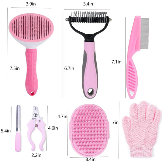 7 PCS Dog Brush Dog Grooming Kits,Dog Shedding Brush,Self-Cleaning Brush with Nail Clipper, Flea Comb and Shampoo Bath Brush