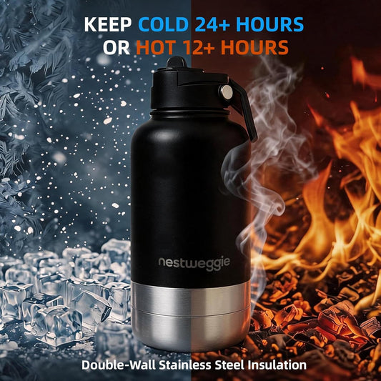 32oz Dog Water Bottle with Detachable 3.5oz Stainless Steel Bowl, Insulated Pet Travel Bottle, Leakproof Portable Dog Hydration Bottle for Walking Hiking Camping, 24H Cold /12H Hot(Black)