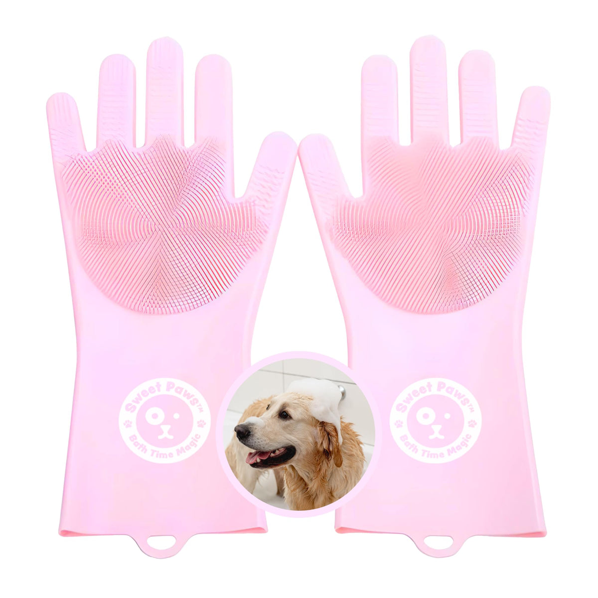 Sweet Paws Silicone Spa Dog & Cat Bathing & Grooming Gloves, 2 Count, Reversible, Nontoxic, & Easy to Clean, Thousands of Massaging Micro-bristles to Pamper Your Pet - Clean Slate