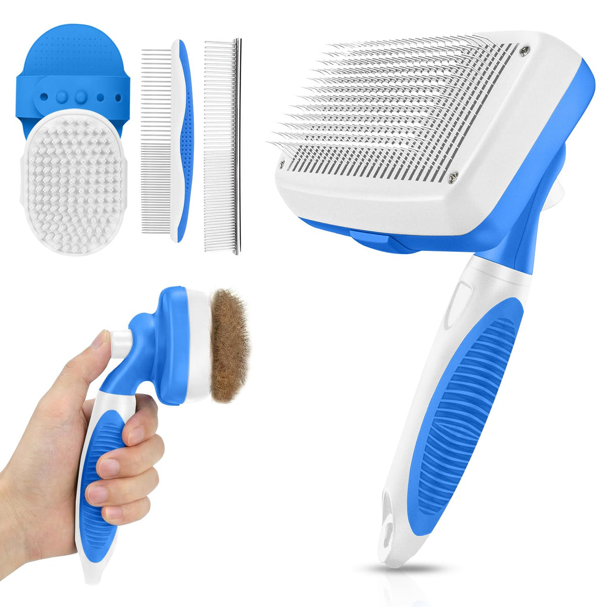 Self Cleaning Shedding Brush - 5-in-1 Professional Pet Grooming Kit Skin Friendly Grooming Tool for Dogs, Cats, and Puppies, Deshedding and Hair Removal for Long and Short Haired Pets, Blue