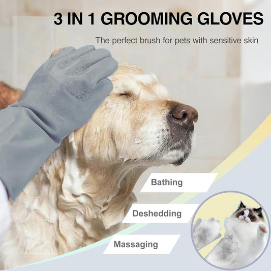 Pet Grooming Gloves, 5-Finger Silicone Dog Bath Scrubber with High-Density Teeth, Reusable Washing Massage Gloves for Dogs & Cats(Grey)