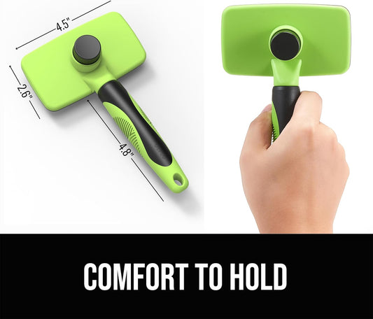 Self-Cleaning Slicker Brush for Dogs and Cats, Pet Grooming Brush for Shedding and Loose Fur, Stainless Steel Bristles, Textured Grip, Green