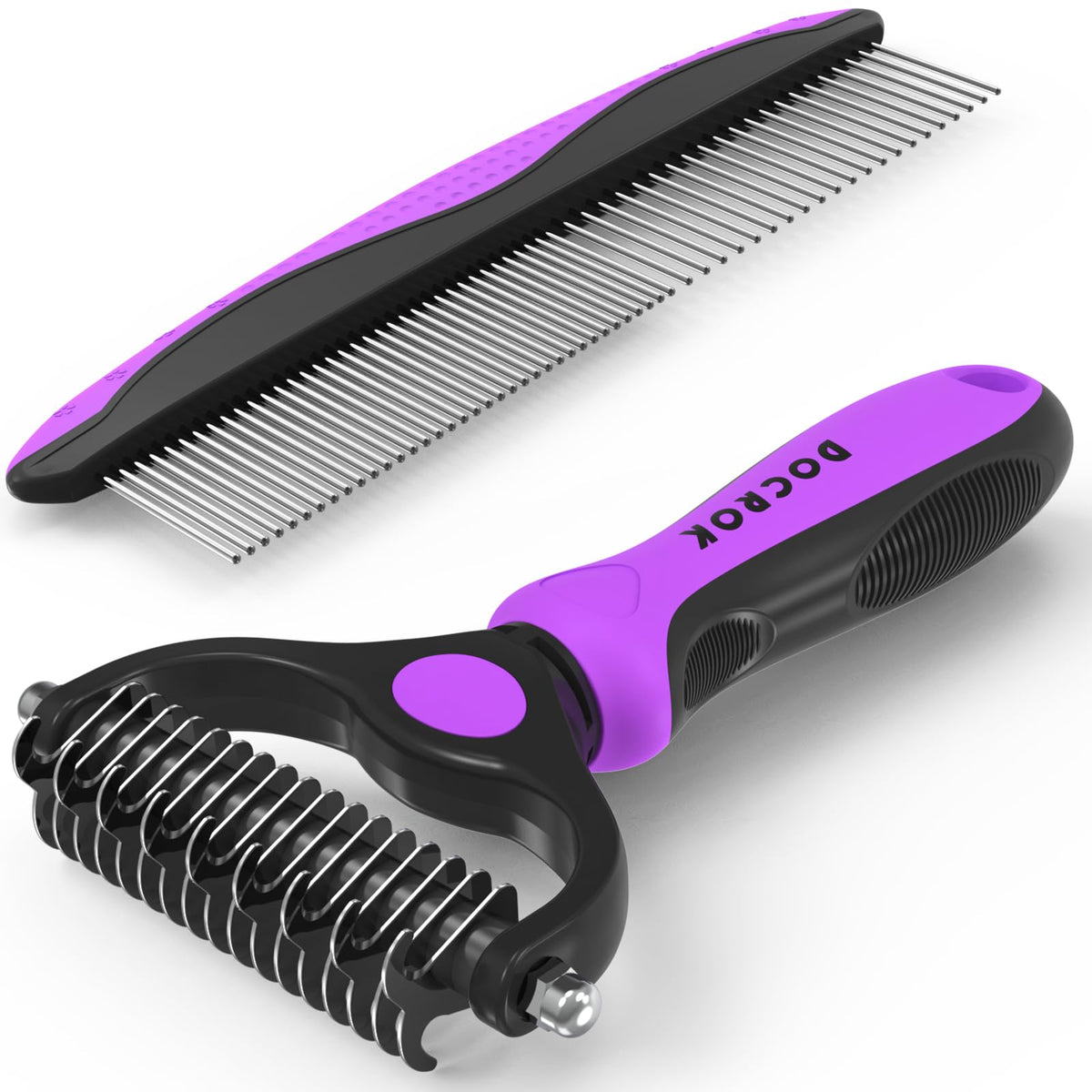 Docrok Pet Grooming Brush and Metal Comb Combo for Dogs & Cats, Gray