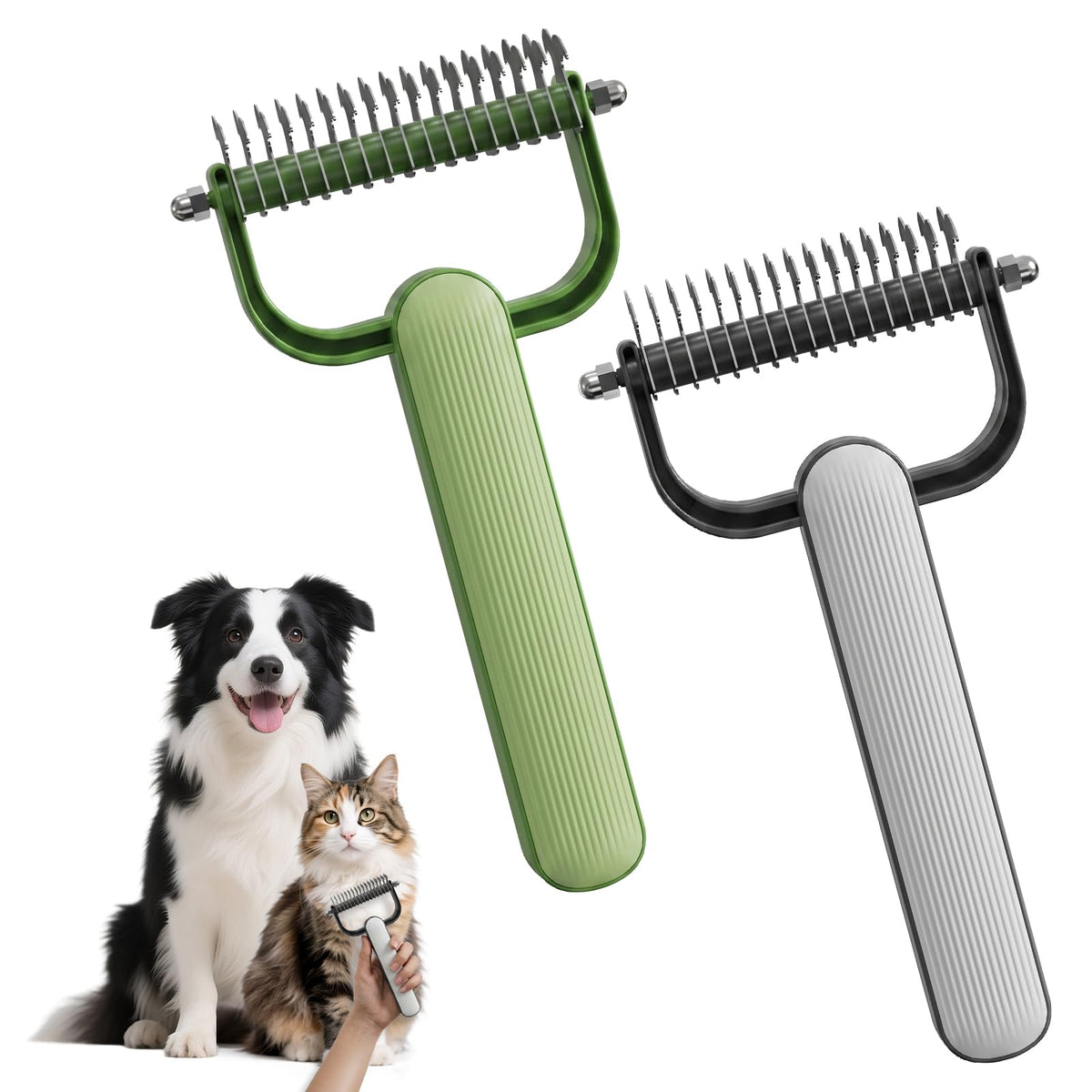 2026 New Double-Sided Dematting Comb for Dogs & Cats, Pet Grooming Tool for Long Haired Thick Double Coat Pets, Undercoat Rake Deshedding Brush for Tangles Matted Shedding Fur, Grey-L-1Pcs
