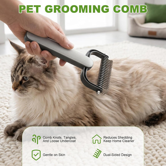 2026 New Double-Sided Dematting Comb for Dogs & Cats, Pet Grooming Tool for Long Haired Thick Double Coat Pets, Undercoat Rake Deshedding Brush for Tangles Matted Shedding Fur, Grey-L-1Pcs