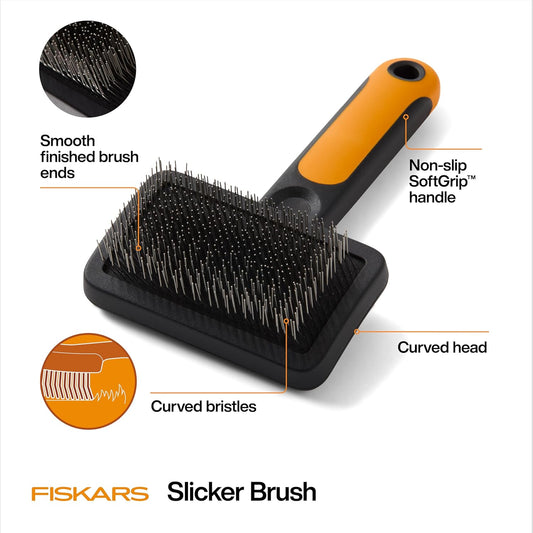 Fiskars Pet, Cat and Dog Brush, Fine Bristles & SoftGrip Handle for Gentle Grooming and Deshedding, Cat and Dog Supplies, Orange/Black
