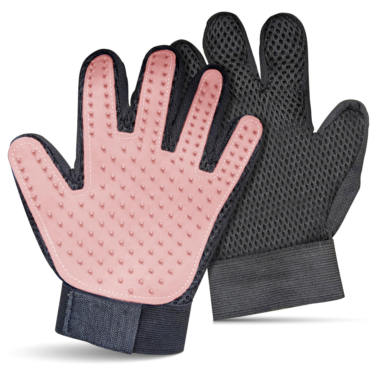 Pet Grooming Gloves for Dogs & Cats – Premium 259-Tip Deshedding & Massage Mitts, Easy-Peel Hair Removal, Adjustable Strap, 1 Pair (Blue/Pink) (Pink)