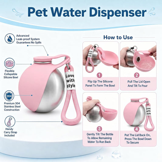 2 in 1 Portable Dog Water Bottle, 2026 New 10oz Spherical Stainless Steel Pet Bottle with Silicone Foldable Bowl,No-Spill Leak-Proof Design,Dog Water Bottle for Walking,Hiking & Travel & Camping-Pink