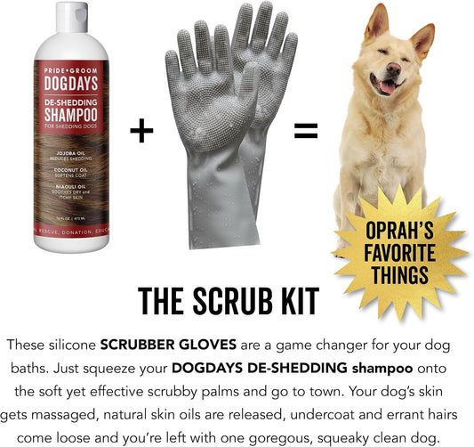 Pride and Groom DogDays De-Shedding The Scrub Kit - Natural Dog Shampoo with Silicone Scrubber Gloves for Detangling, Shedding Control, Coat Massage, Clean Ingredients, and Gentle Pet Grooming Care