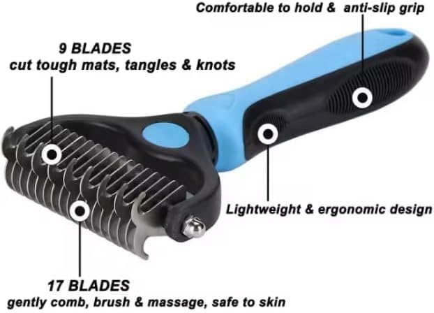 2-in-1 Pet Dematting Comb & Undercoat Rake – Professional Dog Deshedding Brush & Cat Detangler Tool for Stubborn Mats, Knots & Loose Fur Removal, Blue