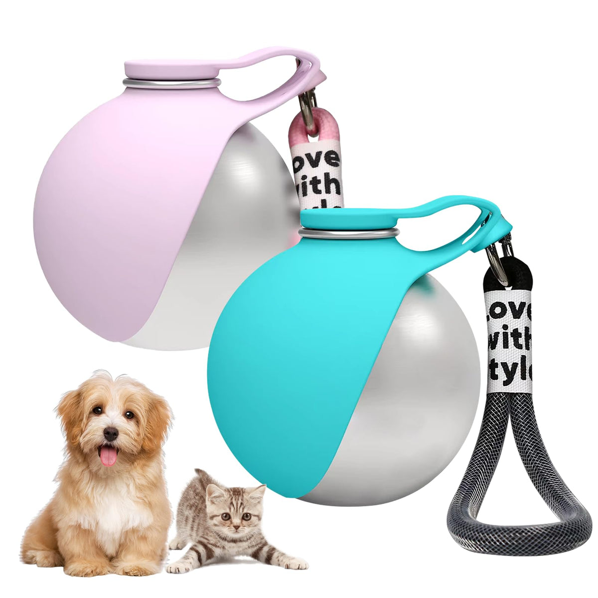 2 in 1 Portable Dog Water Bottle, 10oz Stainless Steel Leak Proof Pet Water Bottle with Foldable Silicone Bowl, Outdoor Travel Water Bottle for Dogs Walking Hiking Camping, 2 Pack Pink
