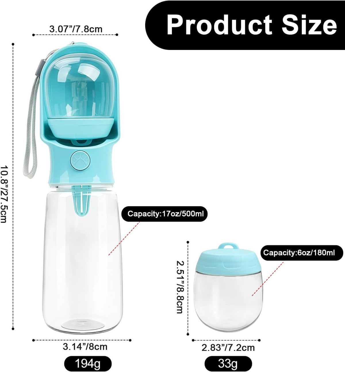 Blue Large Portable Dog Water Bottle(17oz) with Food Container