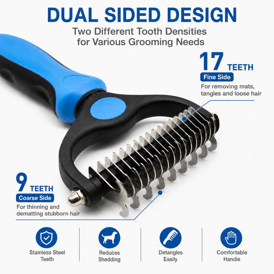 2-in-1 Undercoat Rake for Dogs & Cats, Double-Sided 9/17 Teeth Dematting Comb and Deshedding Brush for Long, Thick, Curly & Double Coats, Removes Loose Fur, Mats and Tangles（Blue-L)