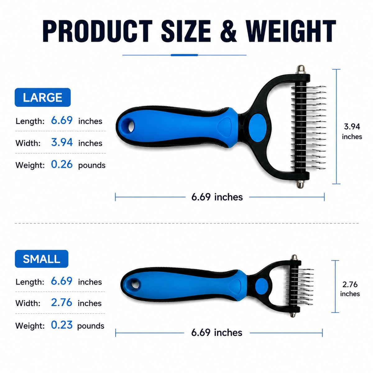 2-in-1 Undercoat Rake for Dogs & Cats, Double-Sided 9/17 Teeth Dematting Comb and Deshedding Brush for Long, Thick, Curly & Double Coats, Removes Loose Fur, Mats and Tangles（Blue-L)