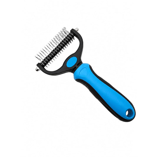 2-in-1 Undercoat Rake for Dogs & Cats, Double-Sided 9/17 Teeth Dematting Comb and Deshedding Brush for Long, Thick, Curly & Double Coats, Removes Loose Fur, Mats and Tangles（Blue-L)