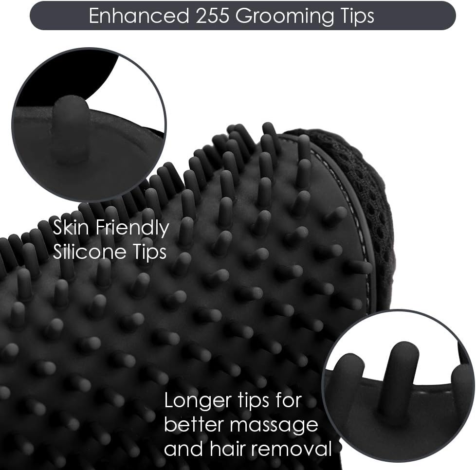 Pet Hair Removal Glove with 255 Silicone Tips for Dogs & Cats, 1 Pair Black