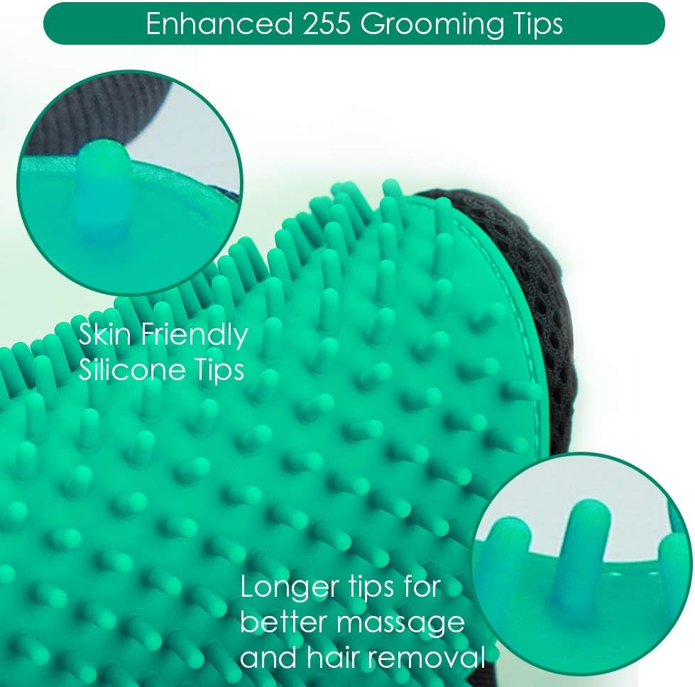 Pet Hair Removal Glove with 255 Silicone Tips for Dogs & Cats, 1 Pair Green