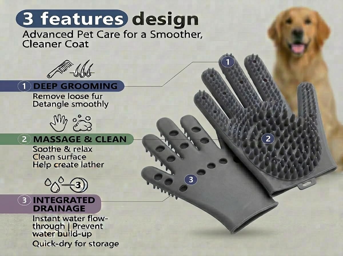 Pet Grooming Gloves for Cats & Dogs – Silicone Hair Removal Glove for Bathing, Shedding & Massage – Gentle Mitt for Long & Short Hair Pets with Drainage System