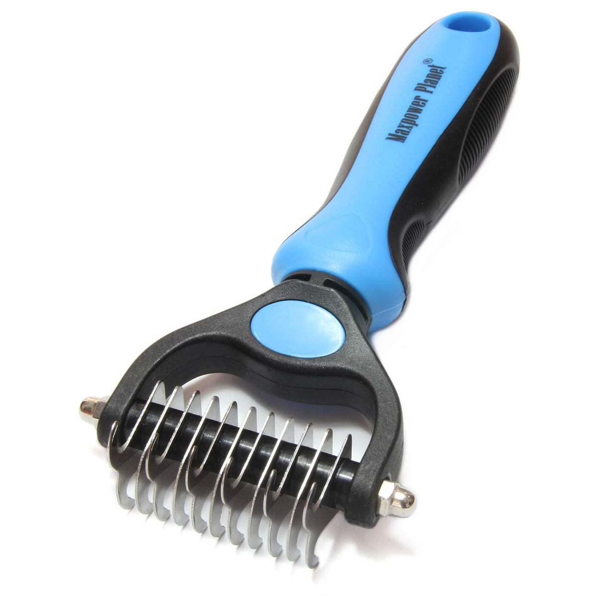 Maxpower Planet Pet Grooming Brush and 2X Grooming Gloves Combo - Double Sided Dematting, Deshedding Undercoat Rake for Dogs and Cats - Reduce Shedding Easily - Blue