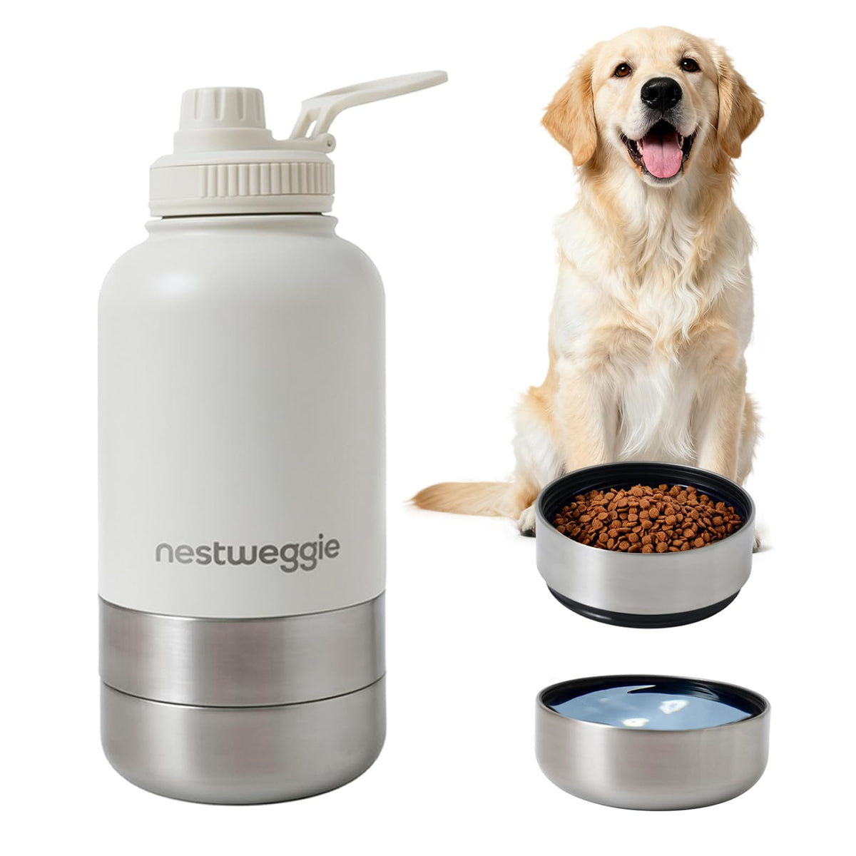 32oz Dog Water Bottle with Detachable 3.5oz Stainless Steel Bowl, Insulated Pet Travel Bottle, Leakproof Portable Dog Hydration Bottle for Walking Hiking Camping, 24H Cold /12H Hot(Black)