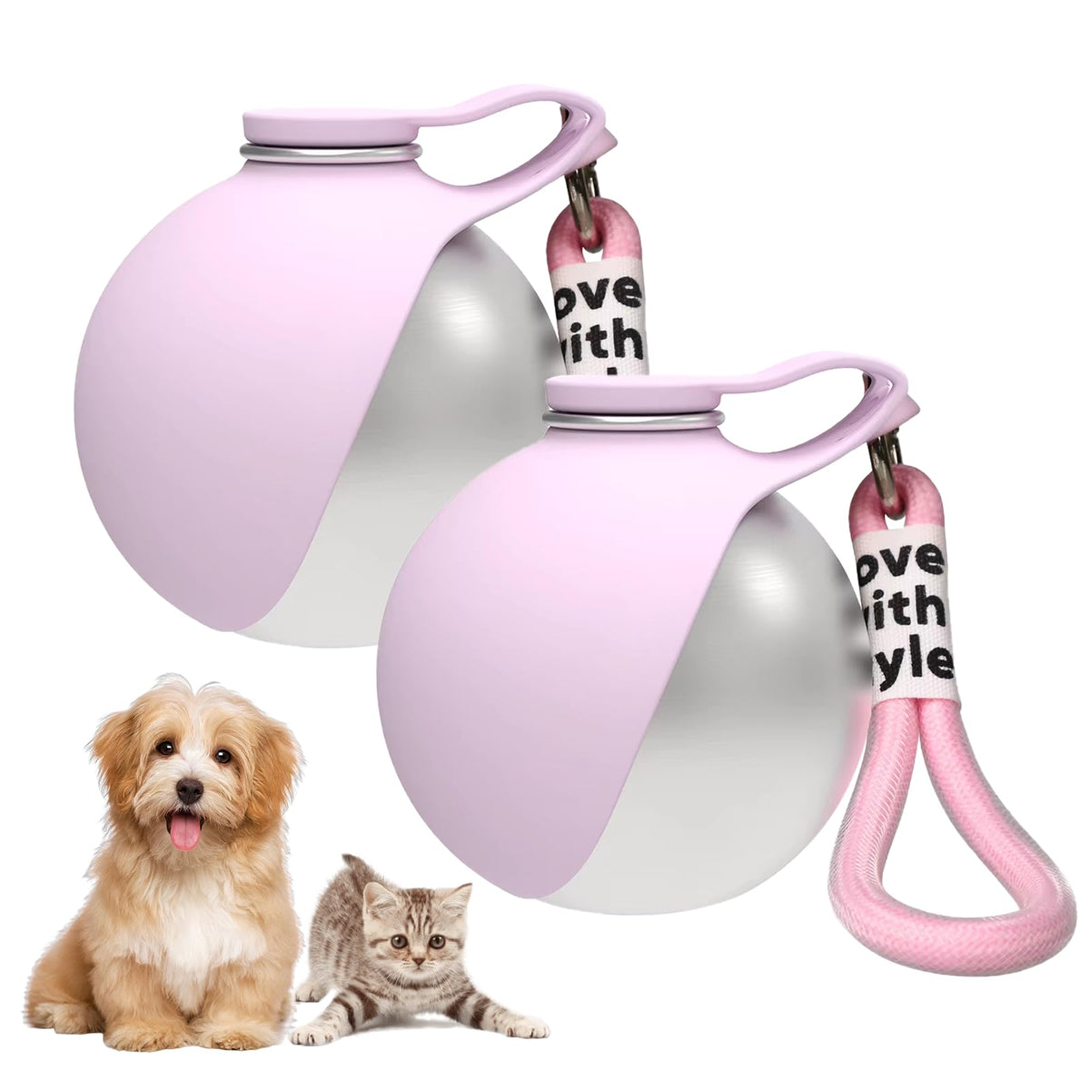 2 in 1 Portable Dog Water Bottle, 10oz Stainless Steel Leak Proof Pet Water Bottle with Foldable Silicone Bowl, Outdoor Travel Water Bottle for Dogs Walking Hiking Camping, 2 Pack Pink