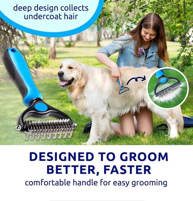 2-in-1 Pet Dematting Comb & Undercoat Rake – Professional Dog Deshedding Brush & Cat Detangler Tool for Stubborn Mats, Knots & Loose Fur Removal, Blue
