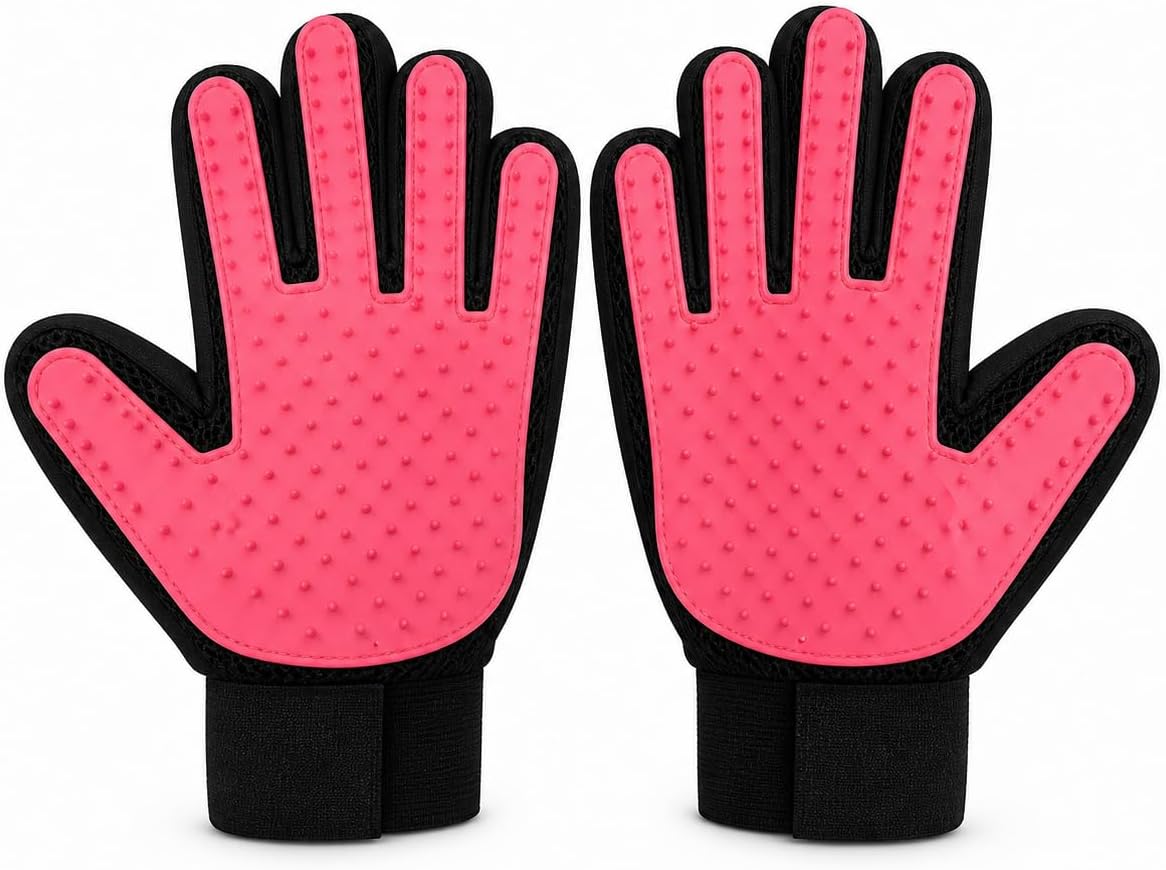 Pet Grooming Glove for Dogs and Cats, Deshedding Hair Remover Brush Mitt with Silicone Tips, Gentle Massage Tool, 1 Pair (Left and Right Hand) (Pink)