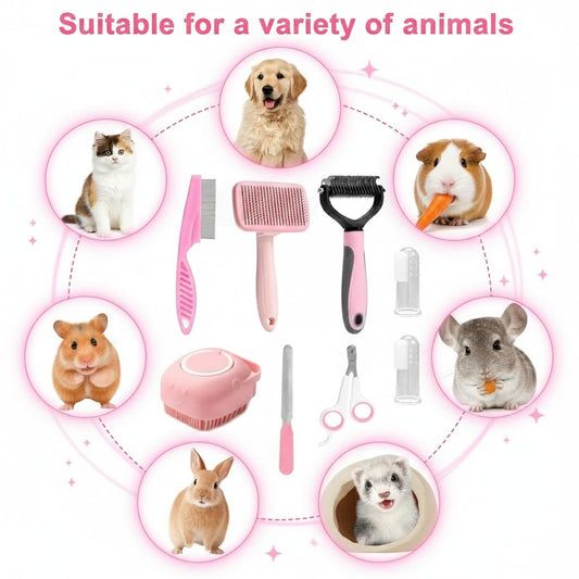 Haminway 8-Piece Dog Grooming Kit – Pink | Pet Brush Set for Shedding, Dematting, Nail Clipping & Bathing | Ideal for Small & Medium Dogs