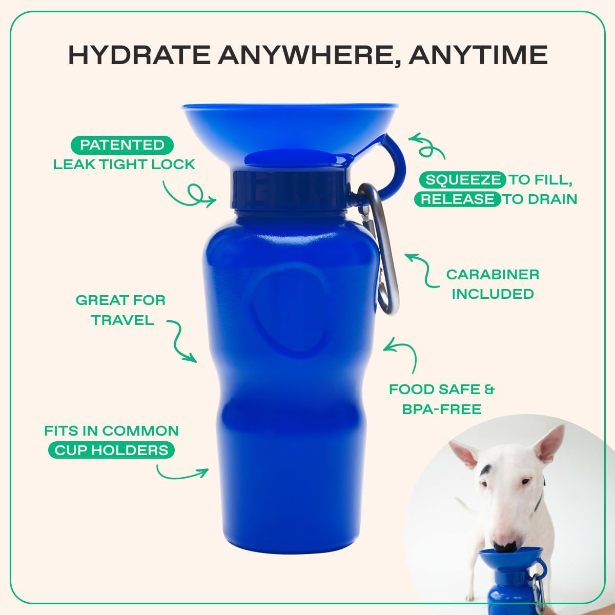 Springland 22oz Classic Portable Dog Water Bottle with Built-in Bowl,Indigo