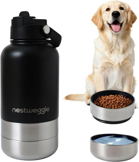 32oz Dog Water Bottle with Detachable 3.5oz Stainless Steel Bowl, Insulated Pet Travel Bottle, Leakproof Portable Dog Hydration Bottle for Walking Hiking Camping, 24H Cold /12H Hot(Black)