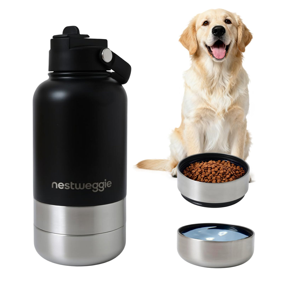 32oz Dog Water Bottle with Detachable 3.5oz Stainless Steel Bowl, Insulated Pet Travel Bottle, Leakproof Portable Dog Hydration Bottle for Walking Hiking Camping, 24H Cold /12H Hot(Black)