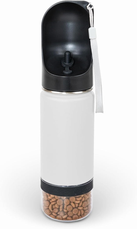 Mon Chateau 14oz Portable Dog Water Bottle with 4 oz Snack Storage, Double Walled Stainless Steel Body, Leak-Proof, Dishwasher Safe Pet Travel Bottle for Dogs, Cats & Outdoor Use, White