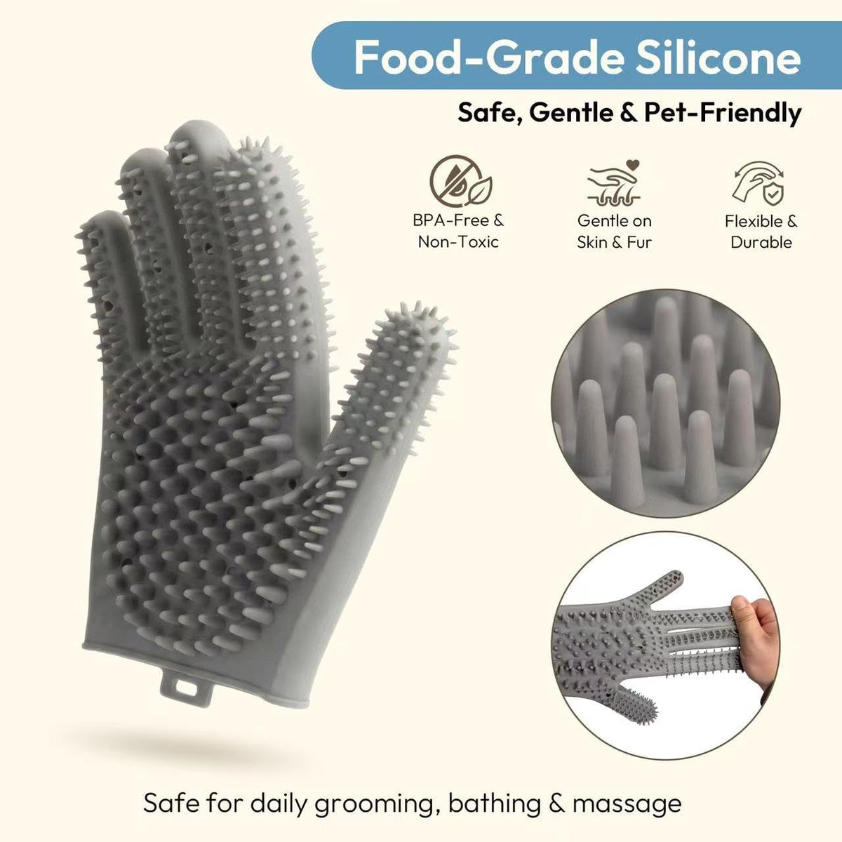 Pet Grooming Gloves for Cats & Dogs, Silicone Pet Hair Removal Glove for Bathing, Shedding & Massage, Gentle Cat & Dog Grooming Glove for Long & Short Hair Pets（Grey-Large）