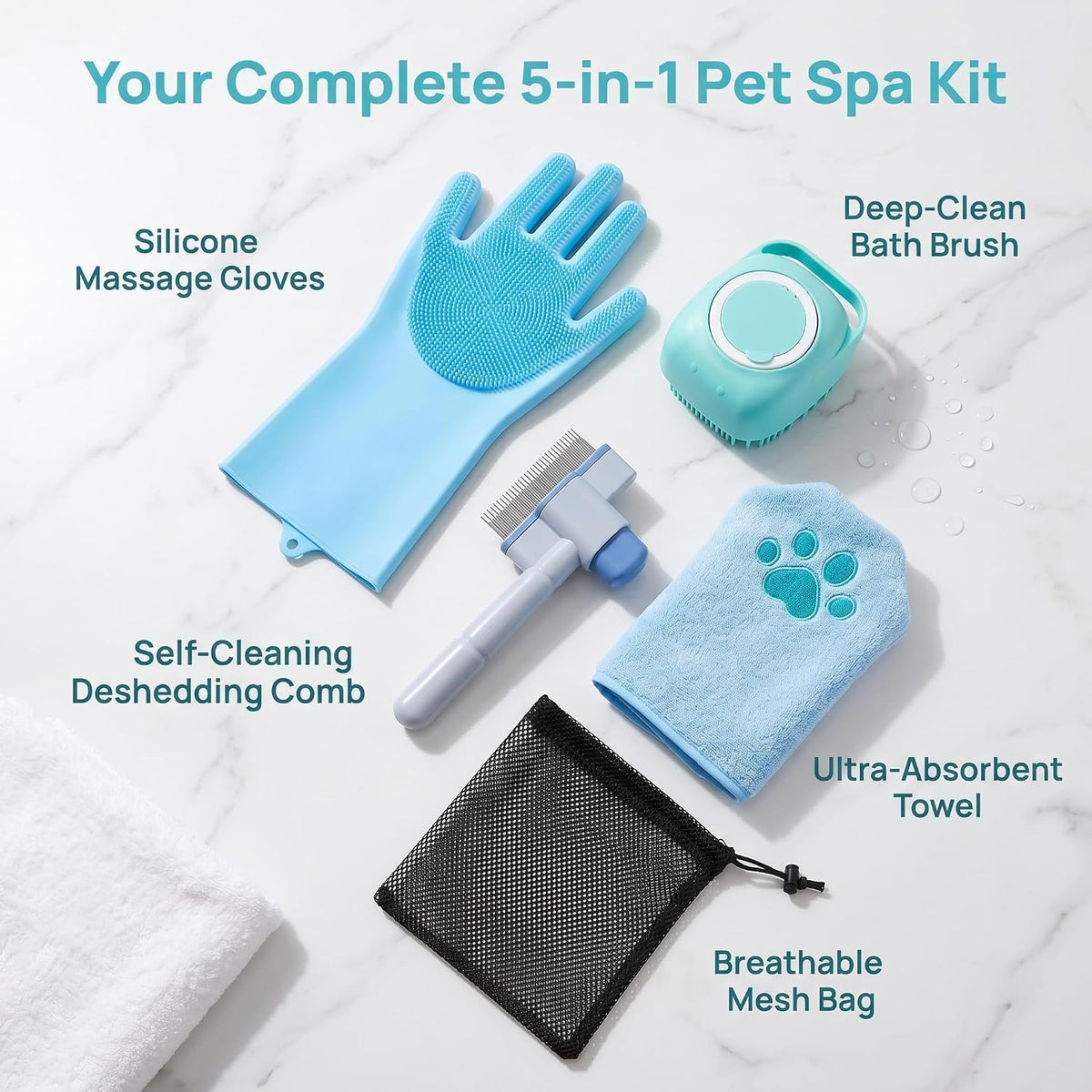 5-Piece Dog Grooming & Bathing Kit – Silicone Glove, Bath Brush, Deshedding Comb, Drying Towel & Storage Bag for Dogs & Cats