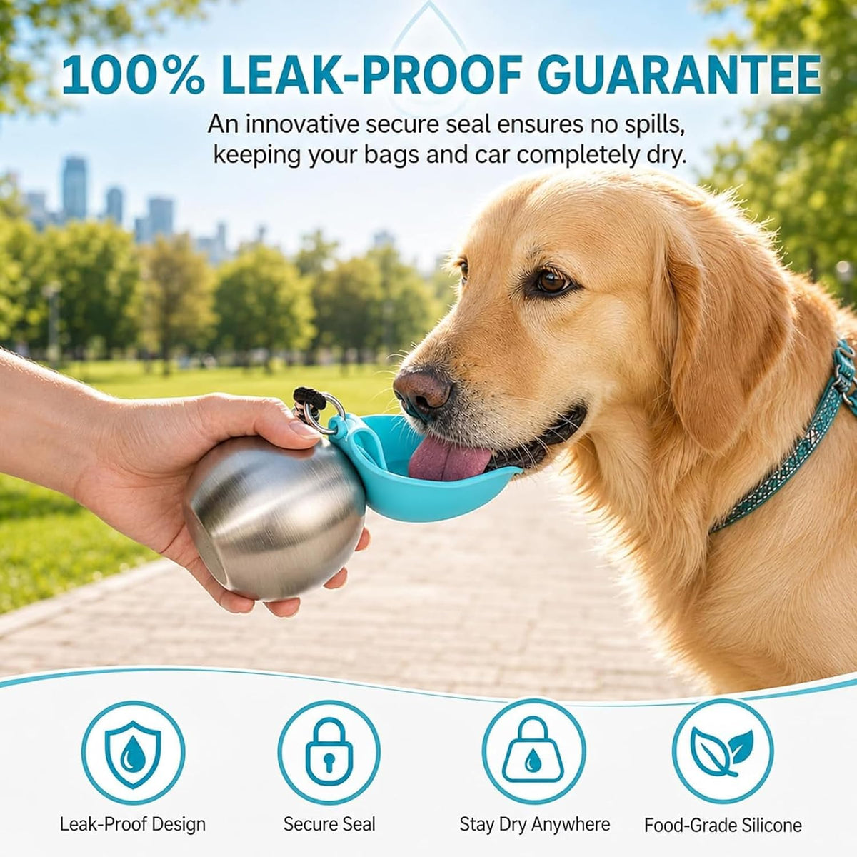 2 in 1 Portable Tumbler for Dogs, Portable Dog Water Ball, 10oz Stainless Steel Pet Water Dispenser with Silicone Foldable Bowl, Leak Proof, Portable Small Dog Water Bottle for Walking, Hiking(Blue)