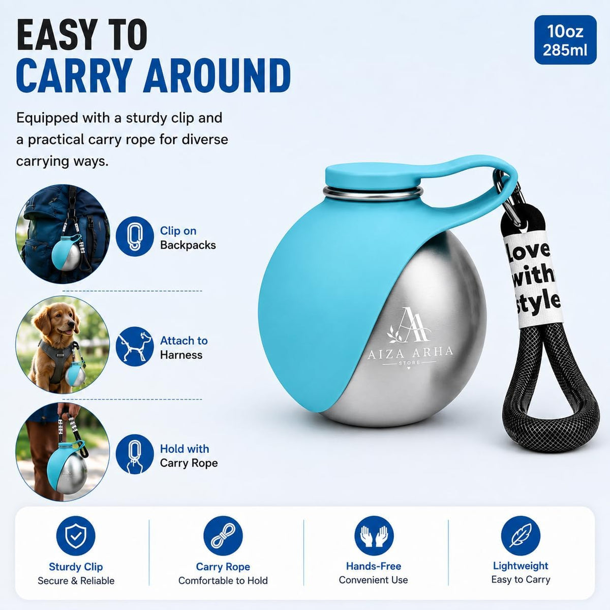 2 in 1 Portable Tumbler for Dogs, 2026 New 10oz Stainless Steel Dog Water Bottle with Silicone Foldable Bowl, Leak-Proof Portable Small Dog Water Bottle for Walking, Hiking & Travel (Blue)