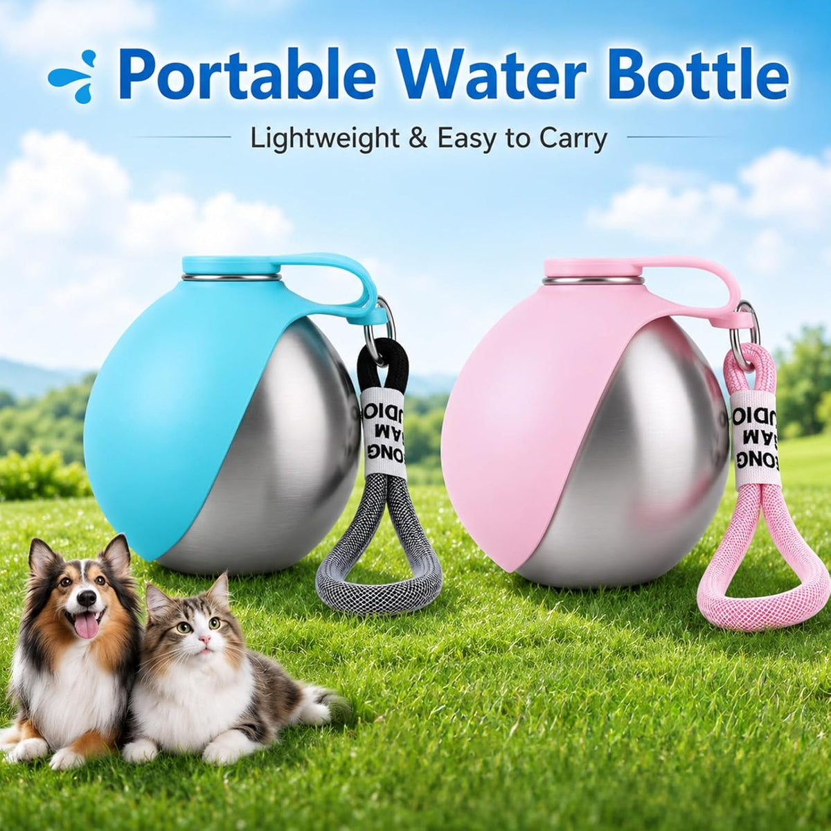 2 in 1 Portable Tumbler for Dogs, Portable Dog Water Ball, 10oz Stainless Steel Pet Water Dispenser with Silicone Foldable Bowl, Leak Proof, Portable Small Dog Water Bottle for Walking, Hiking(Pink)