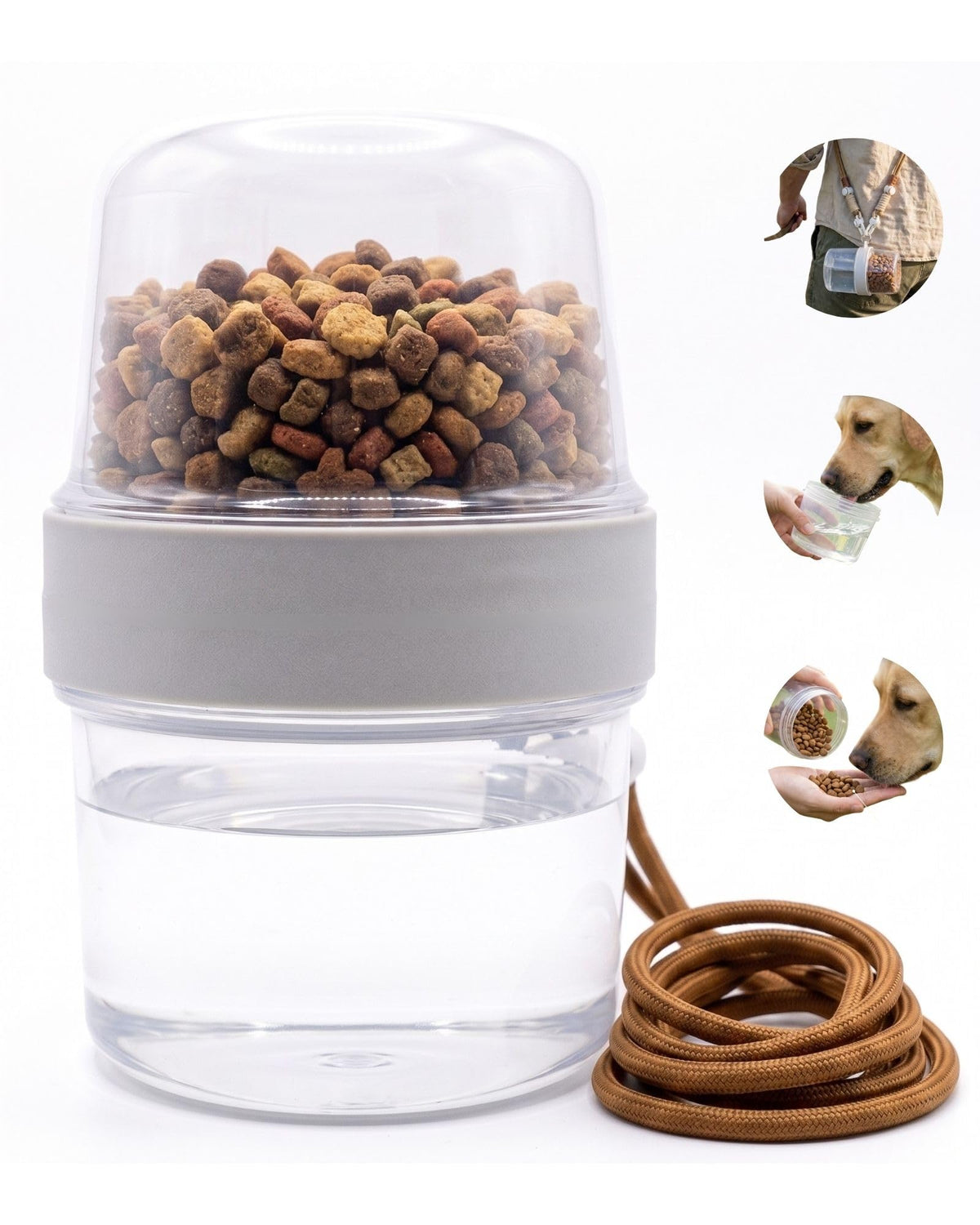 Portable Pet Travel Water Bottle and Food Container - 2-in-1 Detachable Dog Travel Cup for Walking, Hiking and Traveling - Leak-Proof, BPA Free & Food Grade Safety Material (Gray, Small Size)