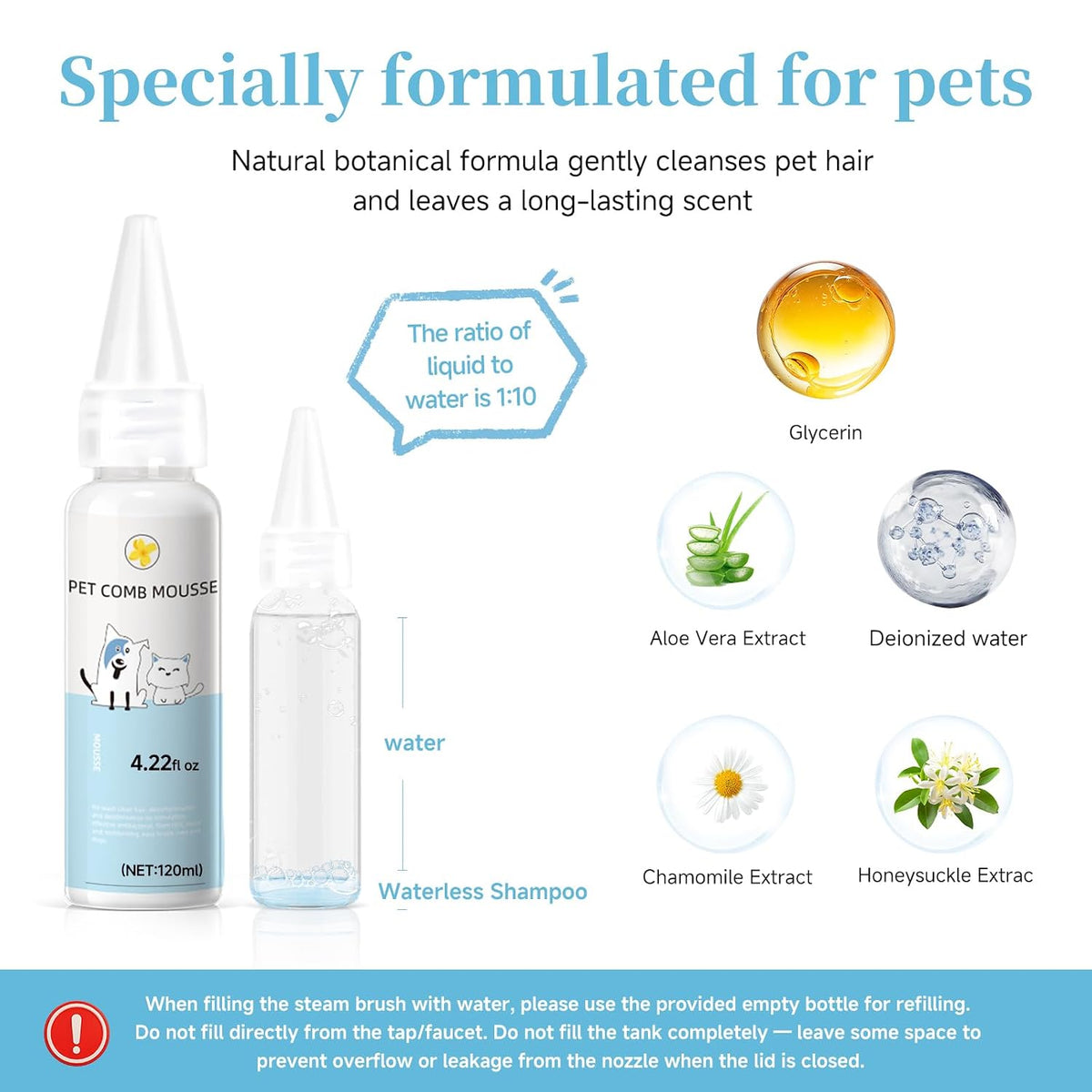 Pet Steam Brush for Dog, cat brushes for indoor cats - 1 Waterless Shampoo