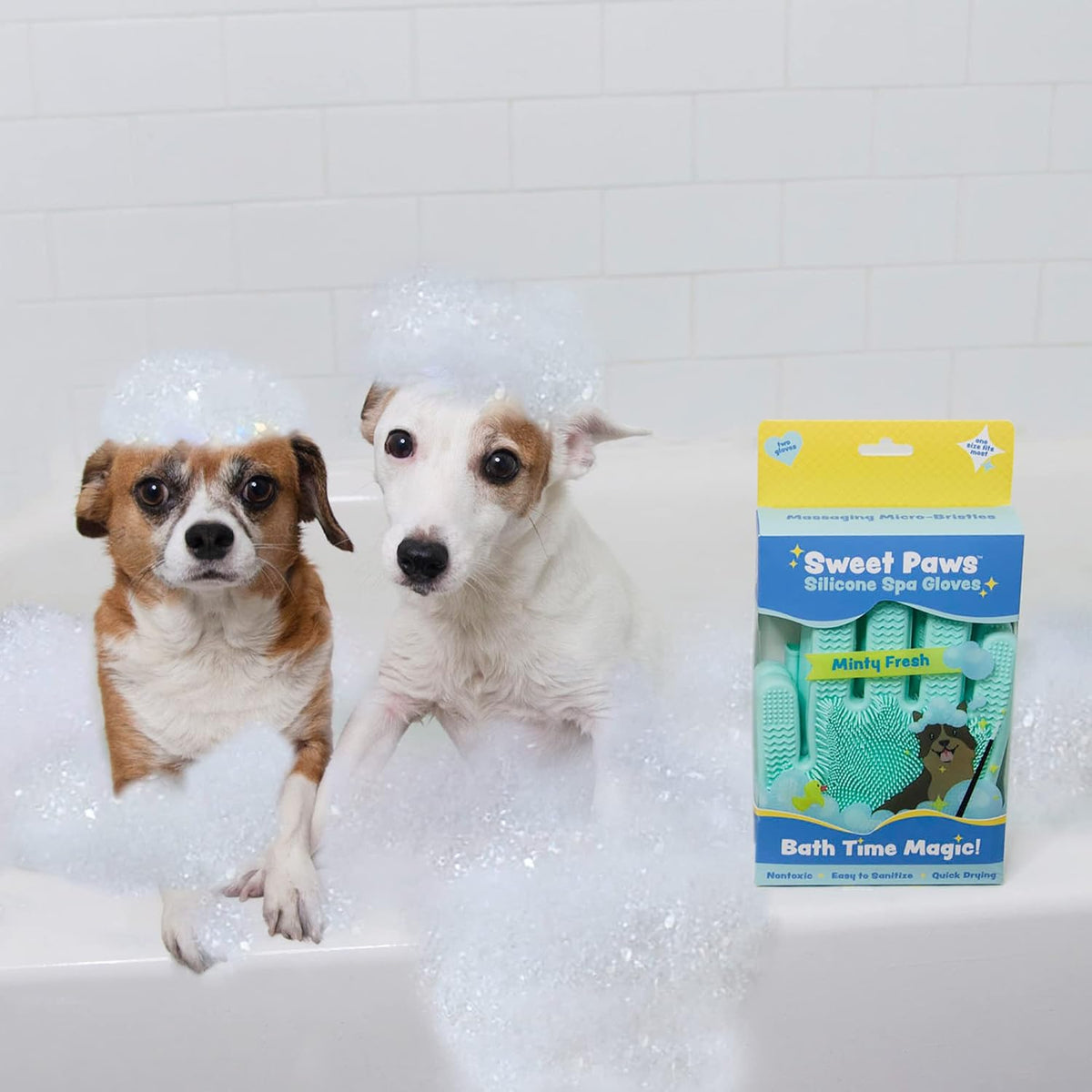 Sweet Paws Silicone Spa Dog & Cat Bathing & Grooming Gloves, 2 Count, Reversible, Nontoxic, & Easy to Clean, Thousands of Massaging Micro-bristles to Pamper Your Pet - Clean Slate