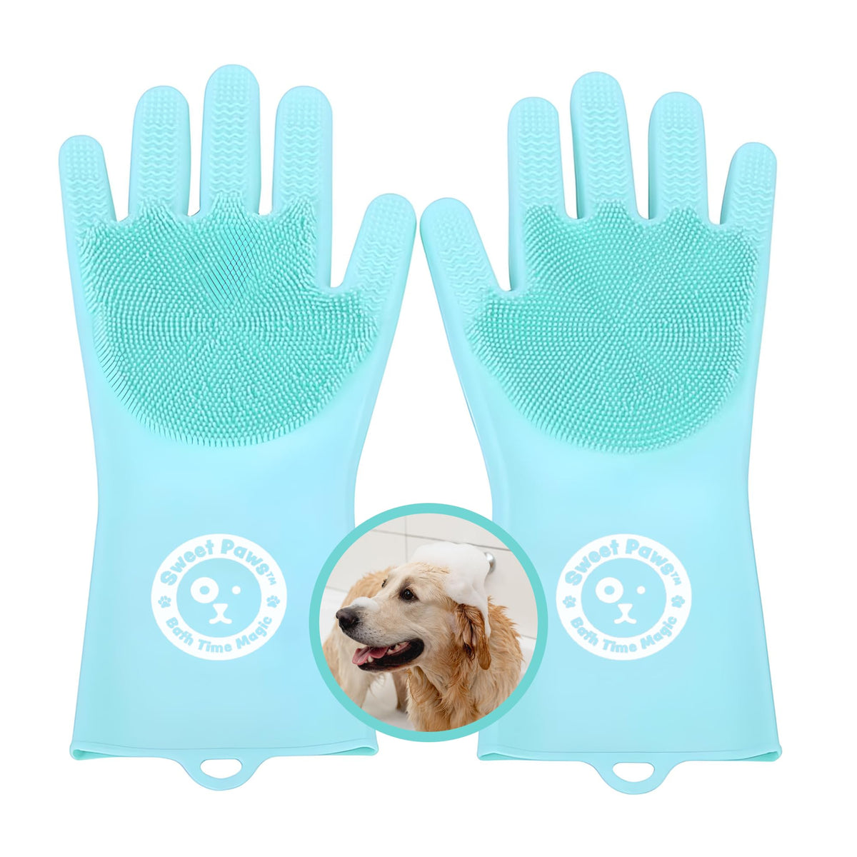 Sweet Paws Silicone Spa Dog & Cat Bathing & Grooming Gloves, 2 Count, Reversible, Nontoxic, & Easy to Clean, Thousands of Massaging Micro-bristles to Pamper Your Pet - Clean Slate