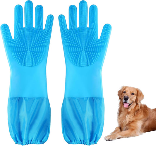 Dog washing gloves | Pet grooming gloves | Extra Long Arms 17.3in (blue)