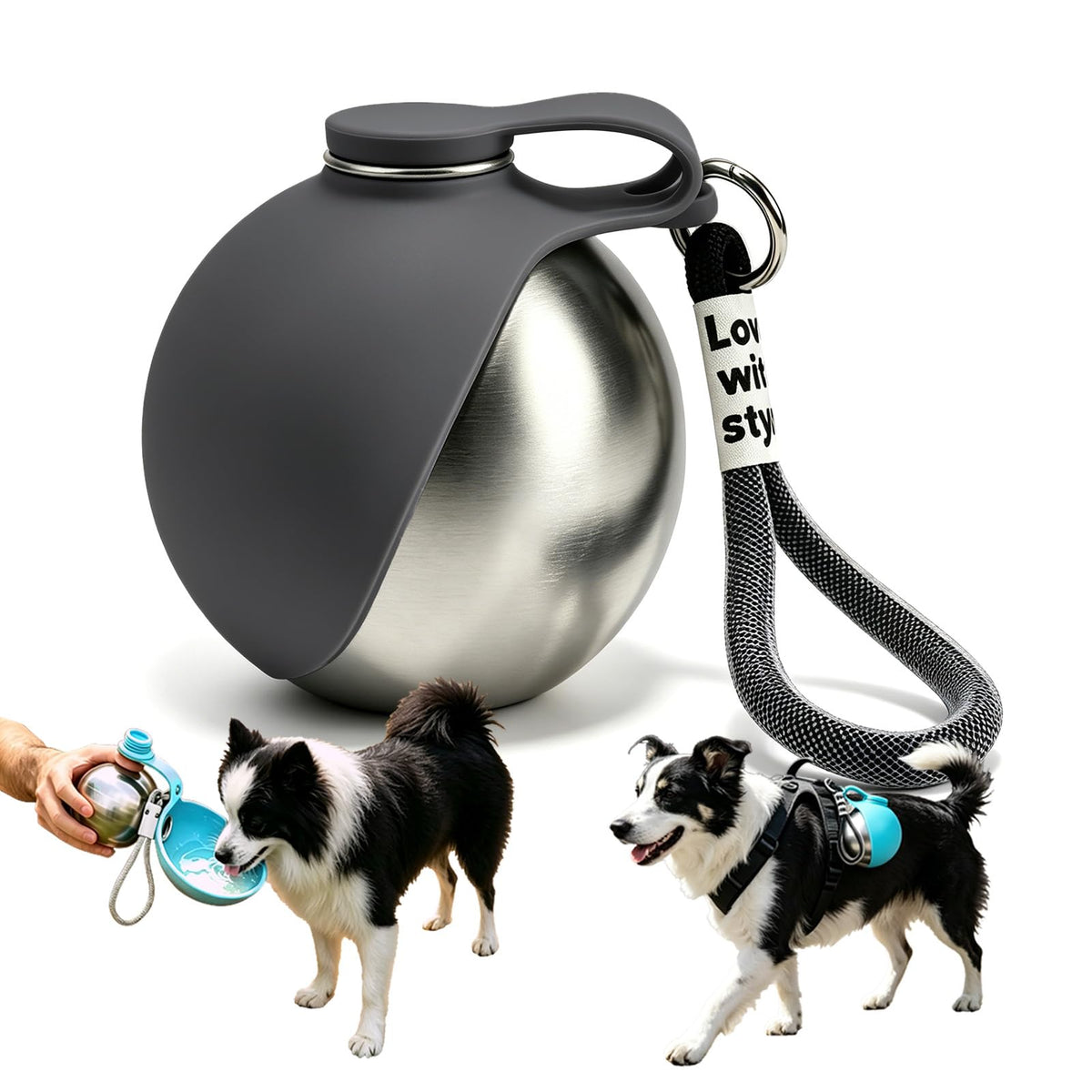 2 in 1 Portable Dog Water Bottle with Foldable Bowl 10oz Gray