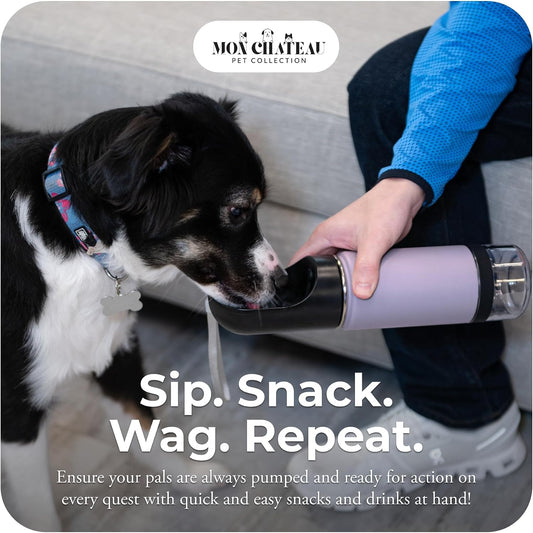 Mon Chateau 14oz Portable Dog Water Bottle with 4 oz Snack Storage, Double Walled Stainless Steel Body, Leak-Proof, Dishwasher Safe Pet Travel Bottle for Dogs, Cats & Outdoor Use, White