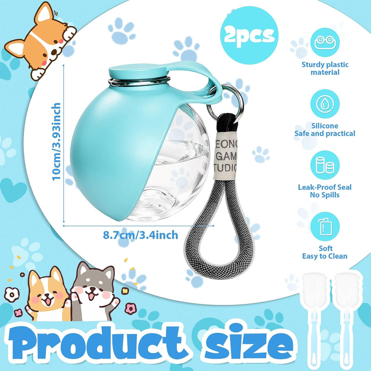 2PACK 2 in 1 Portable Dog Water Bottle with Silicone Bowl 10oz, Plastic