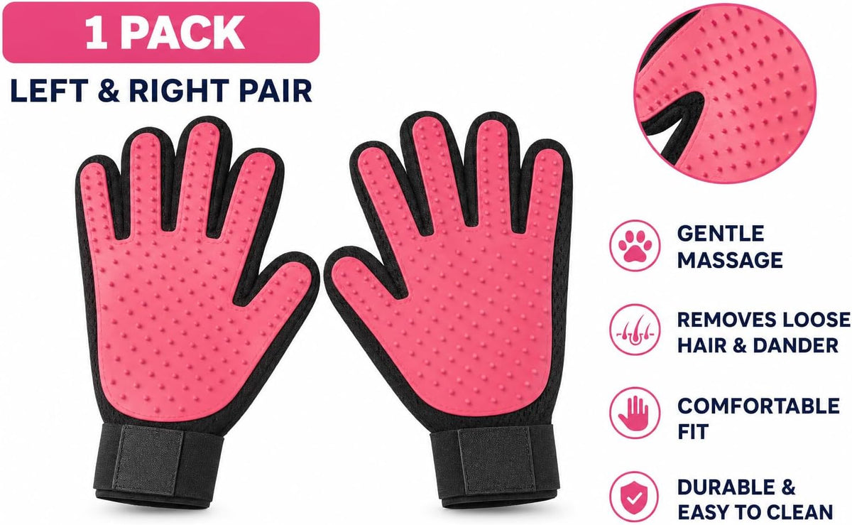 Pet Grooming Glove for Dogs and Cats, Deshedding Hair Remover Brush Mitt with Silicone Tips, Gentle Massage Tool, 1 Pair (Left and Right Hand) (Pink)