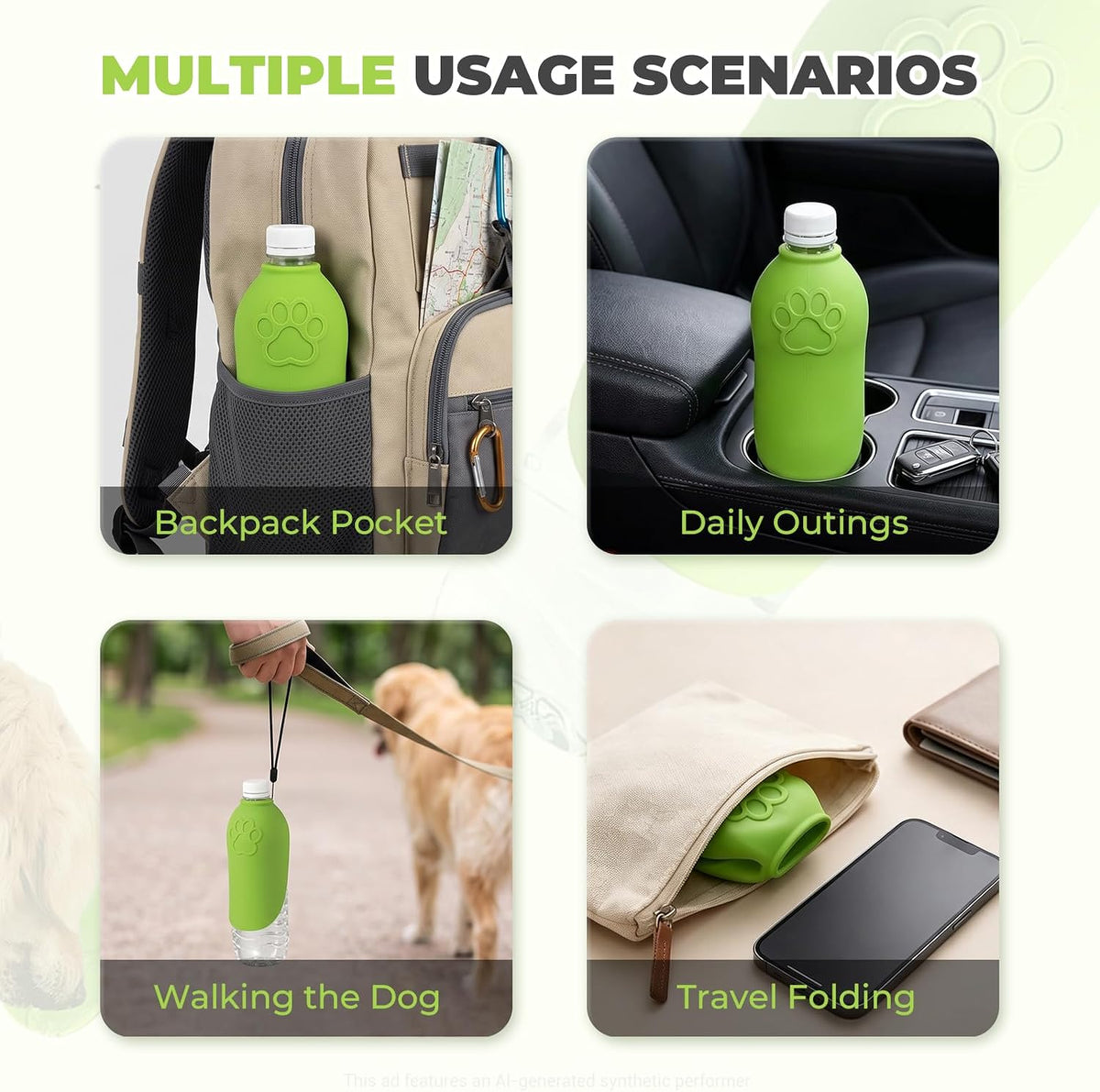 Dog Portable Water Bottle,Foldable Dog Water Bowl for Walks，Green
