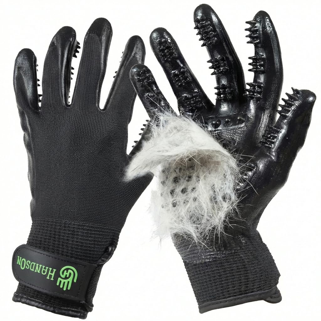H HANDSON Pet Grooming Gloves - Patented #1 Ranked, Award Winning Shedding, Bathing, & Hair Remover Gloves - Gentle Brush for Cats, Dogs, and Horses (Black, Large)