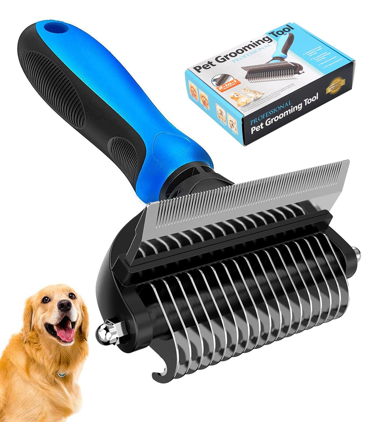 Undercoat Rake for Dogs, 2 in 1 Dematting Comb & Deshedding Tool for Long Hair Pets, Pet Hair Grooming Brush, Clear Mats and Tangles, Reduces Shedding by 95%